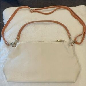 Like New Valentina Cream and Brown Leather crossbody adjustable leather purse.